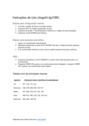 Capa do manual Dugold Dg109Ll Universal Com Códigos